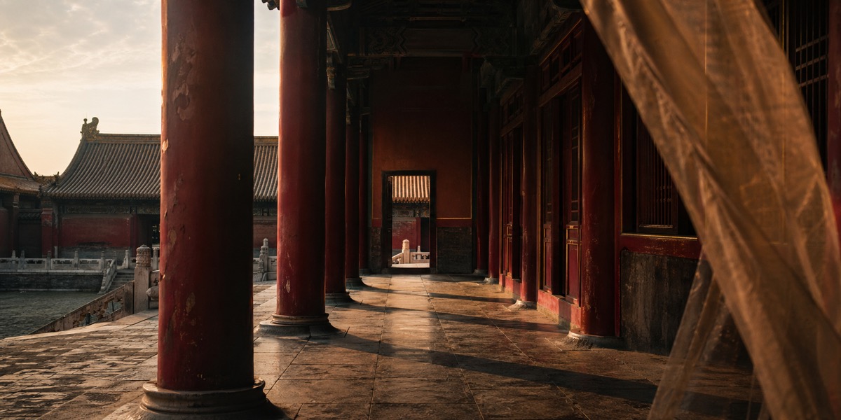 An empty palace corridor with red pillars, stone courtyards, and late afternoon light.