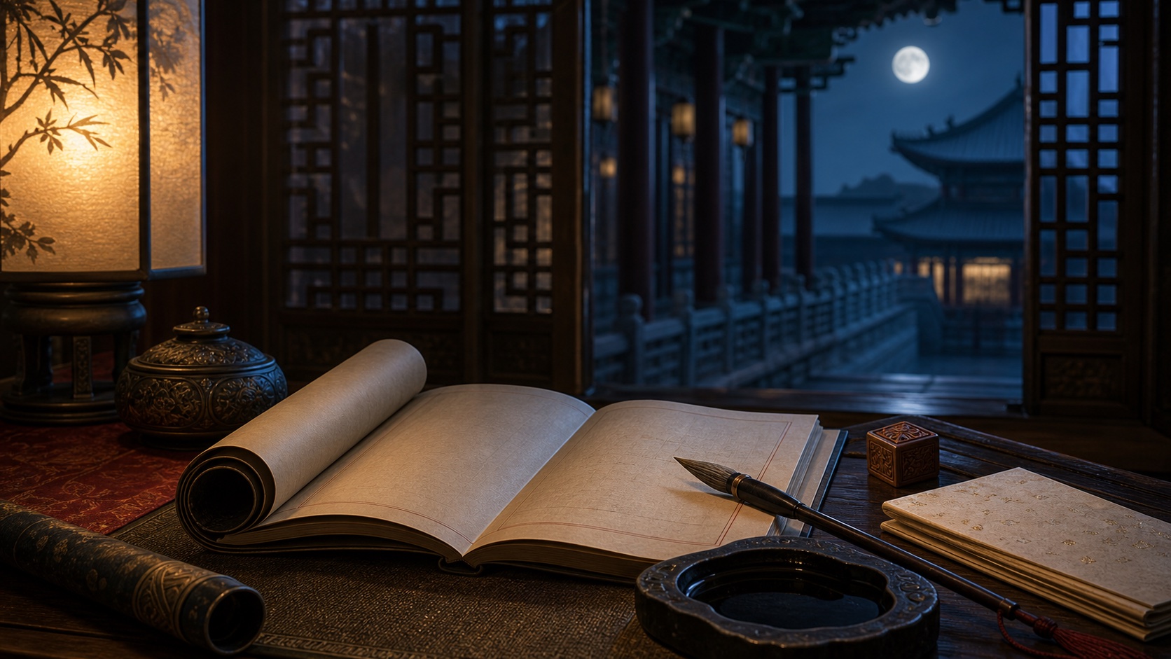 An open book, brush, and inkstone on a moonlit palace desk.