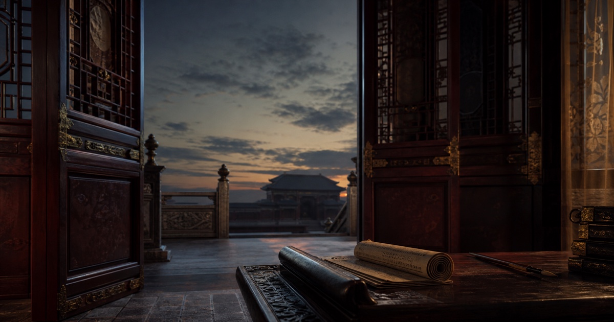 A half-open palace gate at dusk with an old scroll and brush on a lacquer desk.