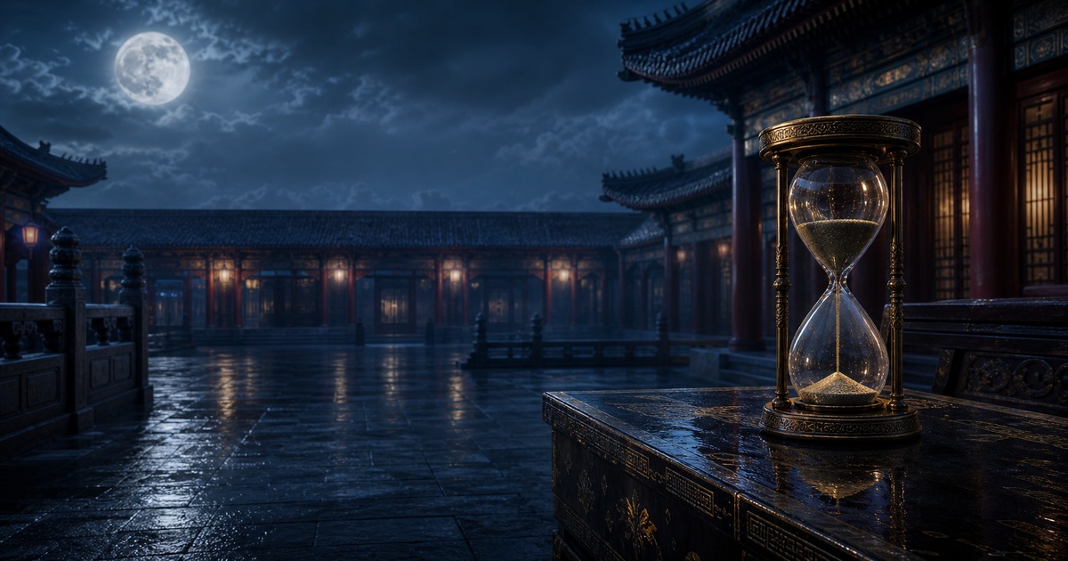 An antique hourglass on a lacquer table in a cold moonlit palace courtyard at night.
