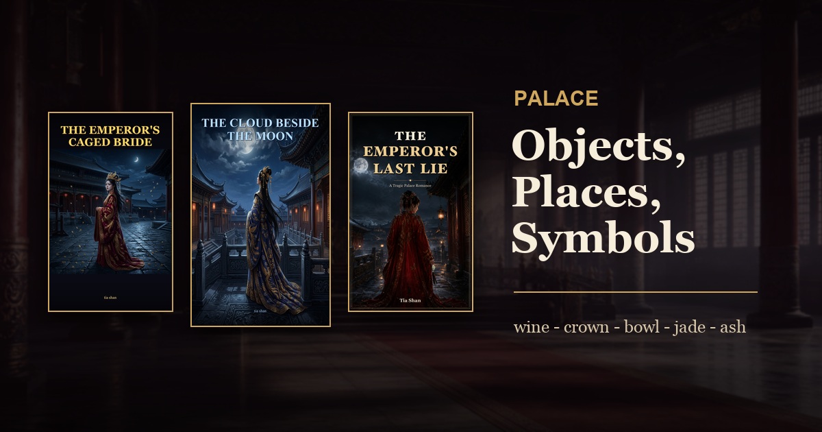 The covers of three Tia Shan palace tragedies beside palace objects: wine, crown, medicine bowl, jade pendant, burned paper, red veil, and a black cat with white paws.