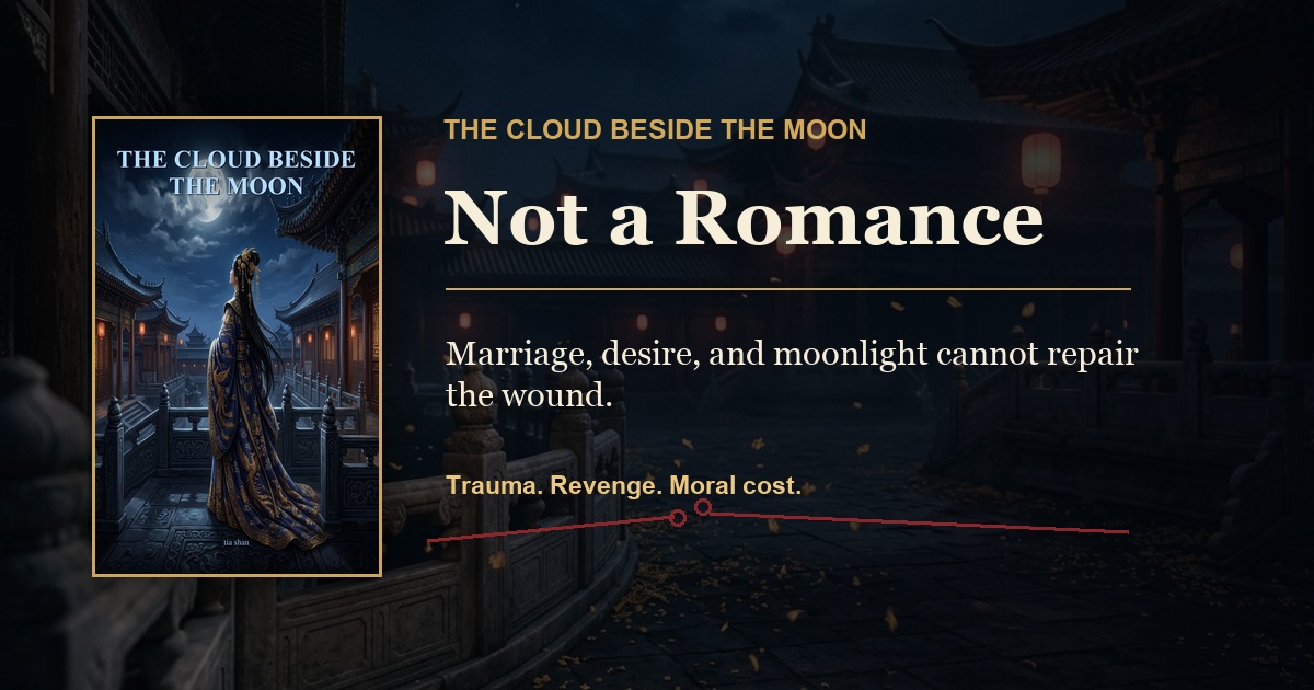 The cover of The Cloud Beside the Moon beside a cold palace corridor and a broken red thread.
