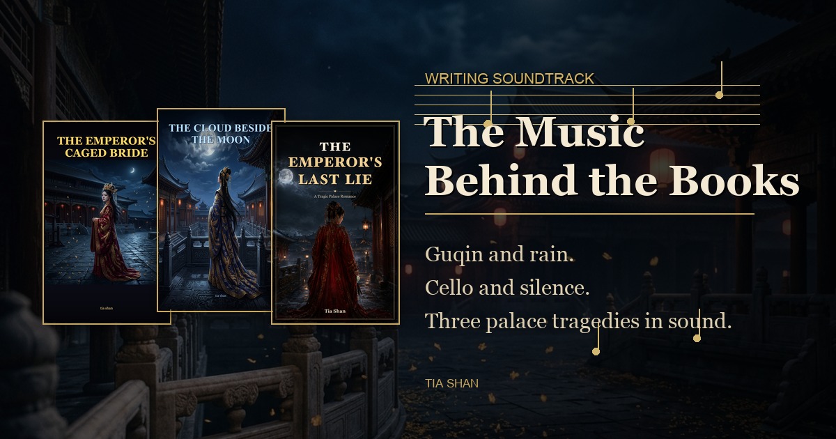 The covers of three Tia Shan palace tragedies beside a moonlit palace background and faint music-staff lines.