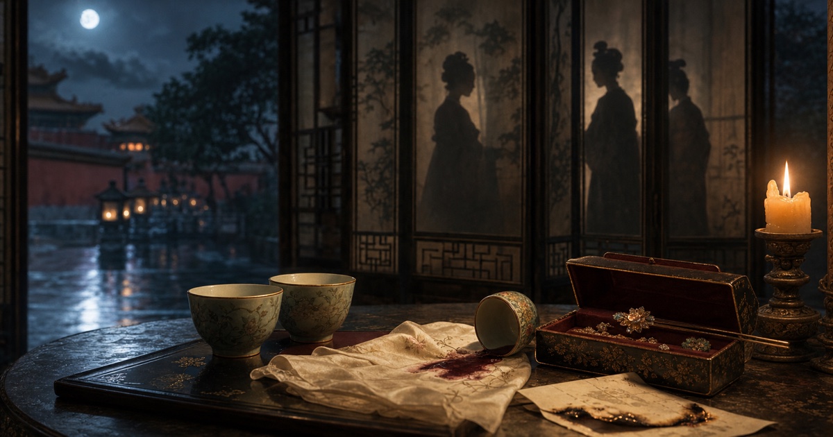 Three shadowed palace women behind screens, with teacups, a stained silk handkerchief, a hairpin box, and burned letters on a candlelit table.