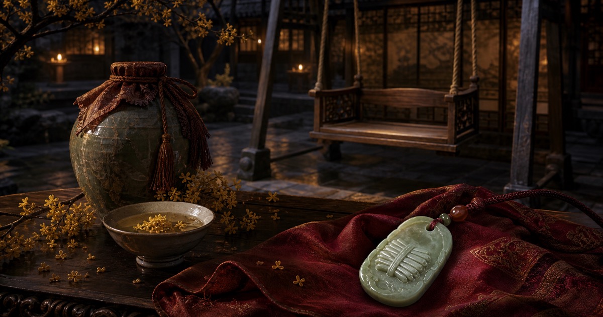 Osmanthus wine, a courtyard swing, and a jade pendant arranged in a candlelit imagined-dynasty palace still life.