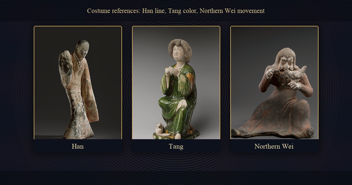 Three museum figures used as costume references: a Han dancer, a Tang court lady, and a Northern Wei falconer.