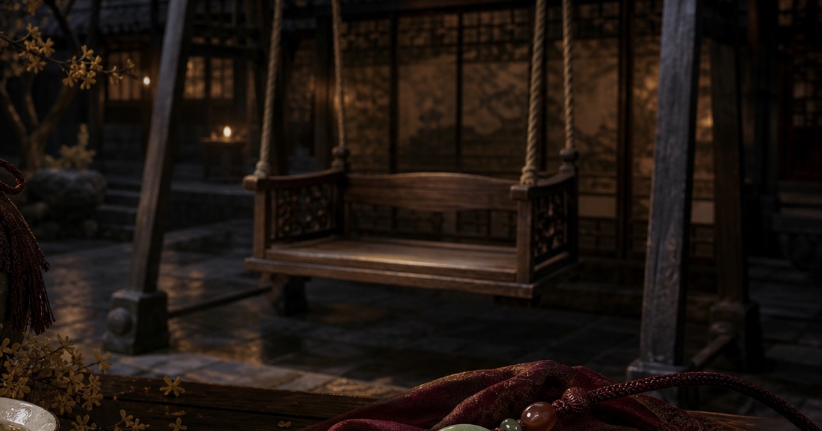 An empty courtyard swing in a moonlit imagined Chinese palace, with red silk and osmanthus flowers in the foreground.