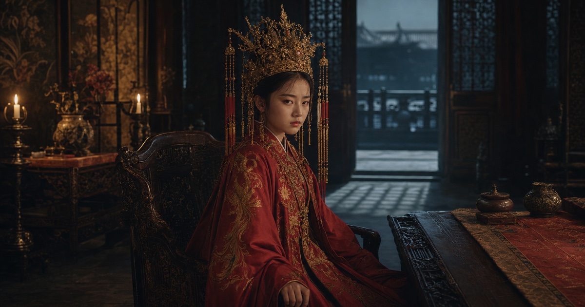 Cui Jiao seated beneath a heavy phoenix crown in a dark imagined-dynasty palace, holding herself upright while cold daylight waits beyond the doors.