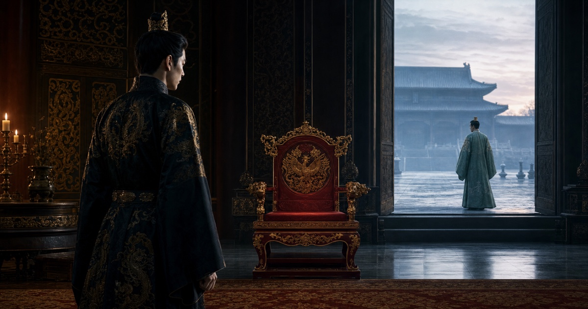 A dark-robed emperor stands inside a shadowed imagined-dynasty palace while a jade-robed prince waits beyond the open gates, with an empty phoenix chair between them.