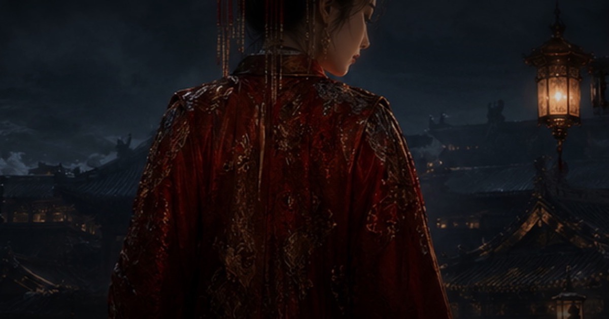 Ye Changning stands at the edge of a dark imagined-dynasty palace, turned partly away from its lantern light.