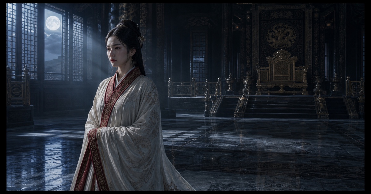 Ruan Yueying stands alone in a moonlit palace hall, with an empty phoenix throne waiting in the shadows behind her.