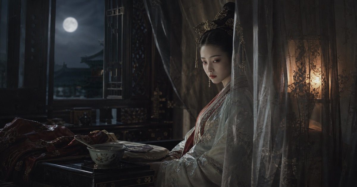 Qin Yunnong sits behind gauze in a moonlit palace sickroom, with a medicine bowl and folded silk on a lacquer table.