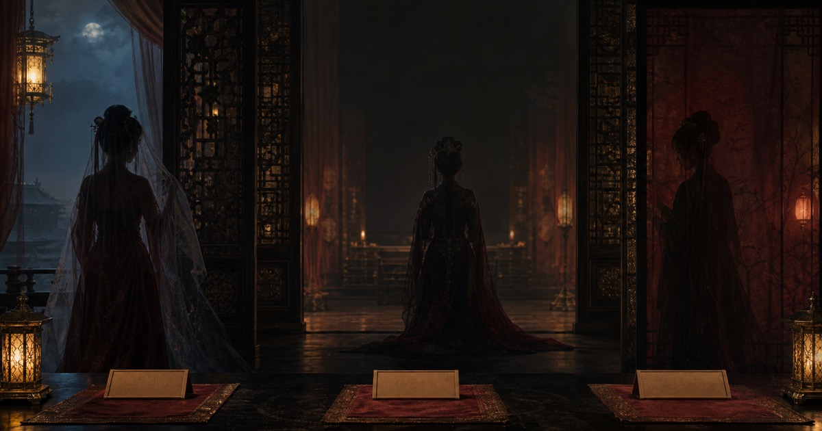 Three women stand in a dark imagined-dynasty palace before empty name tablets, half veiled by moonlight, lacquer screens, and red silk.