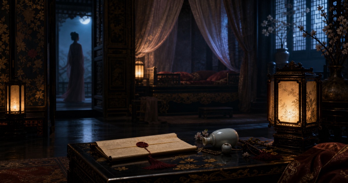 A moonlit imagined Chinese imperial bedchamber with gauze curtains, a sealed edict, a tipped porcelain poison bottle, and a faint woman in the doorway.