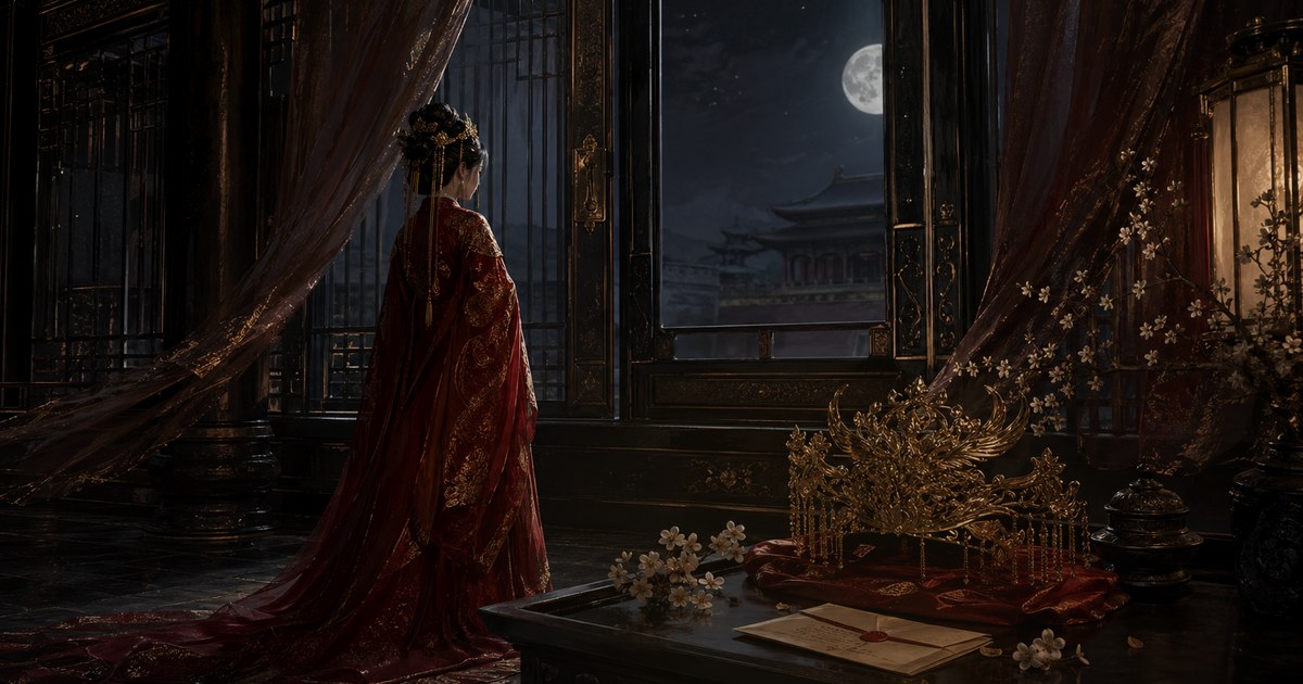A lonely moonlit imperial chamber with a woman in red robes, a phoenix crown, a sealed letter, and red silk fading into shadow.