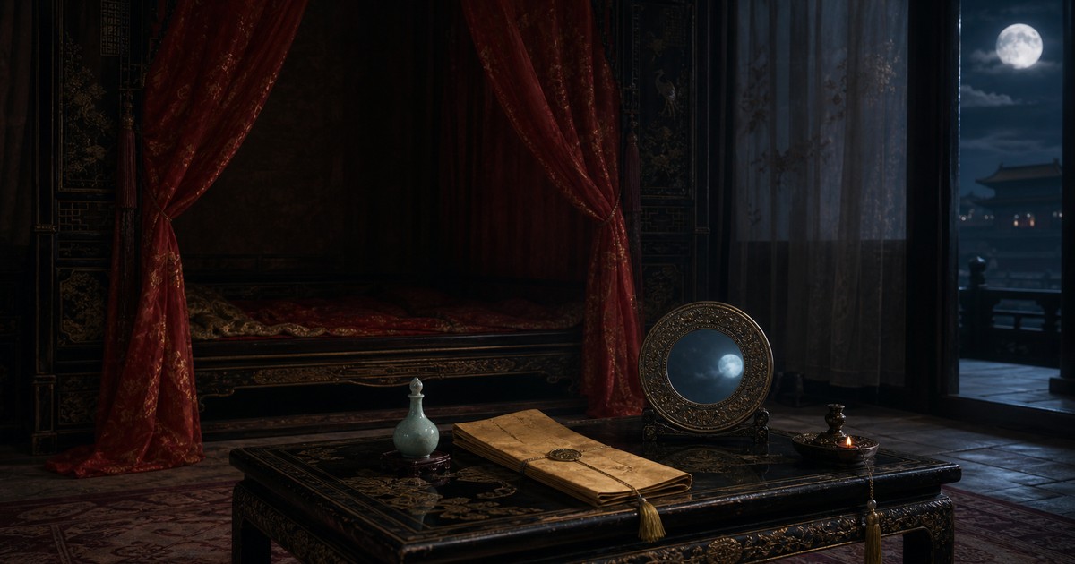 A moonlit imagined imperial bedchamber with red silk curtains, a folded edict, a porcelain poison bottle, and a bronze mirror.
