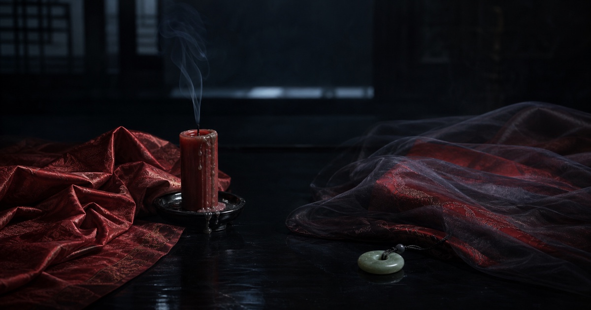 Two lengths of muted red silk lie apart on black lacquer, one beside an extinguished candle and the other beneath a dark veil beside a jade pendant.