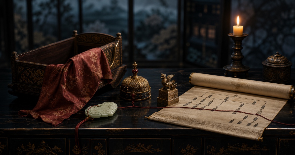 An empty cradle, a child's jade lock, a crown-prince cap, a phoenix seal, and a genealogy scroll lie connected by red thread on a dark palace table.