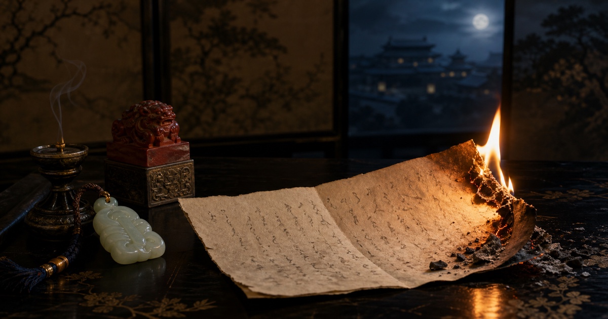 A letter burns at one corner beside a pale jade pendant and an imperial seal on a moonlit black-lacquer palace table.