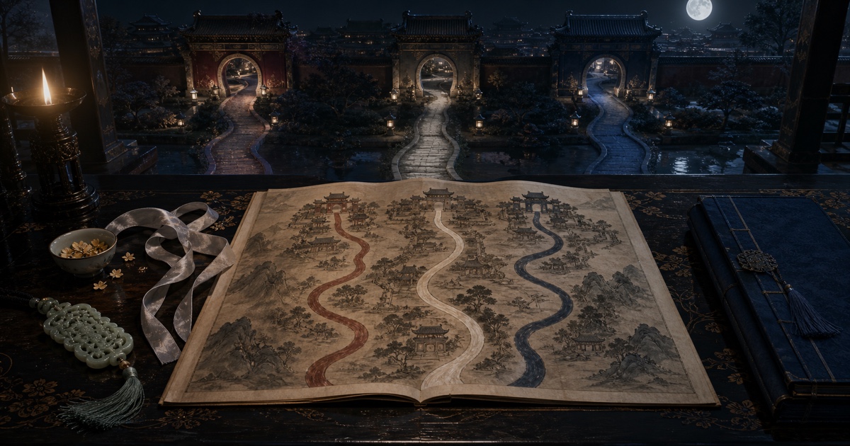 An imagined-dynasty palace map dividing into three paths, with osmanthus wine, a silk ribbon, and a jade pendant beside it.
