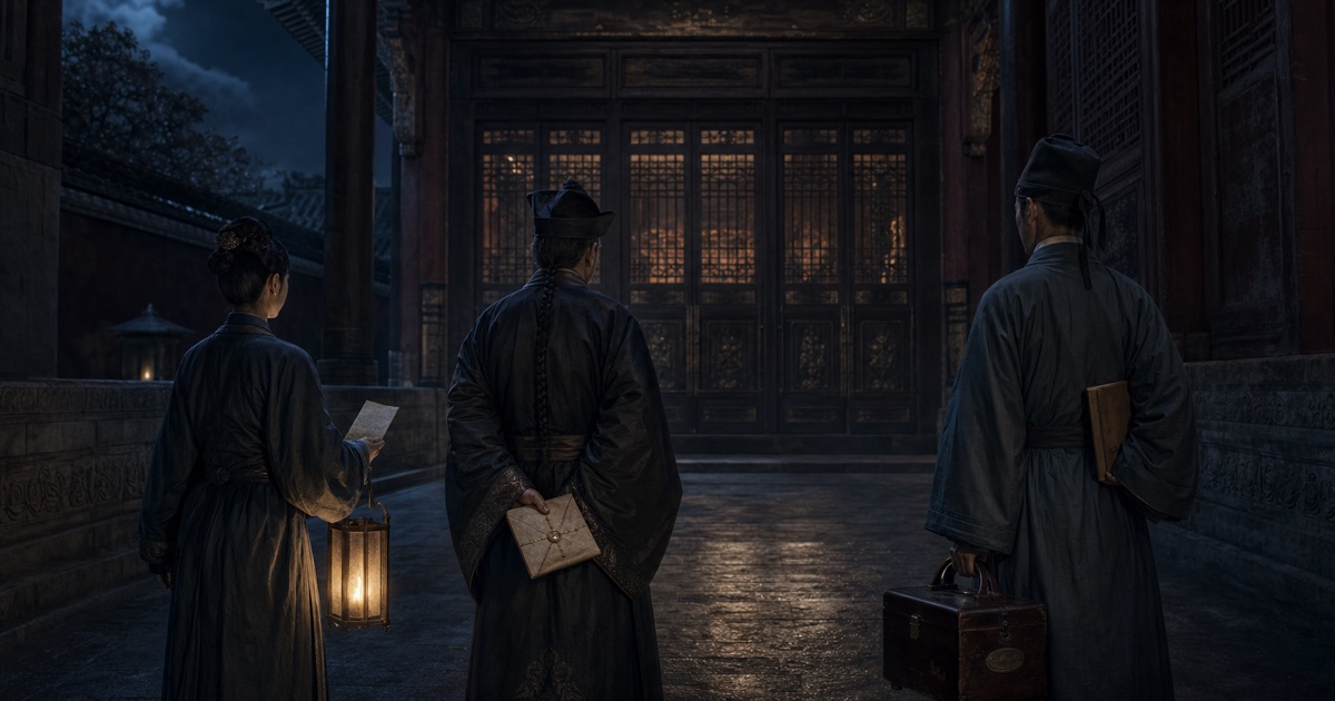 A palace maid, an older eunuch, and an imperial physician waiting in a shadowed service corridor outside a closed palace hall.