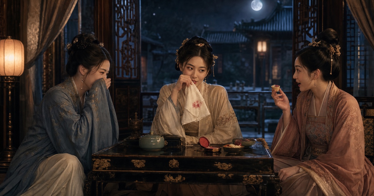 Three palace women sharing a private joke over pastries and a cinnabar-stained handkerchief.