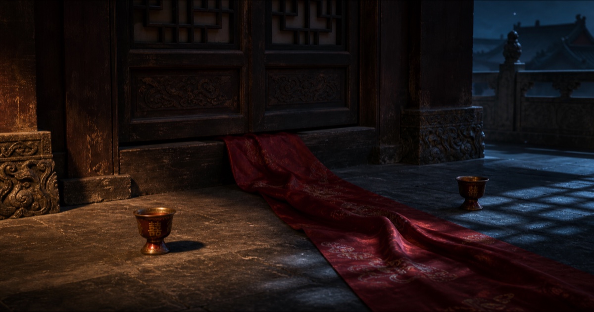 Two wedding wine cups separated by red silk at a closed palace door.