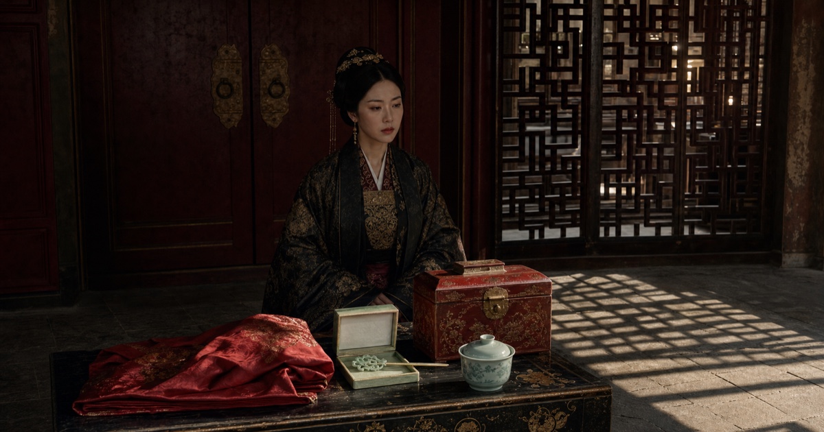 A palace woman sits behind imperial gifts while a lattice shadow crosses the locked chamber.