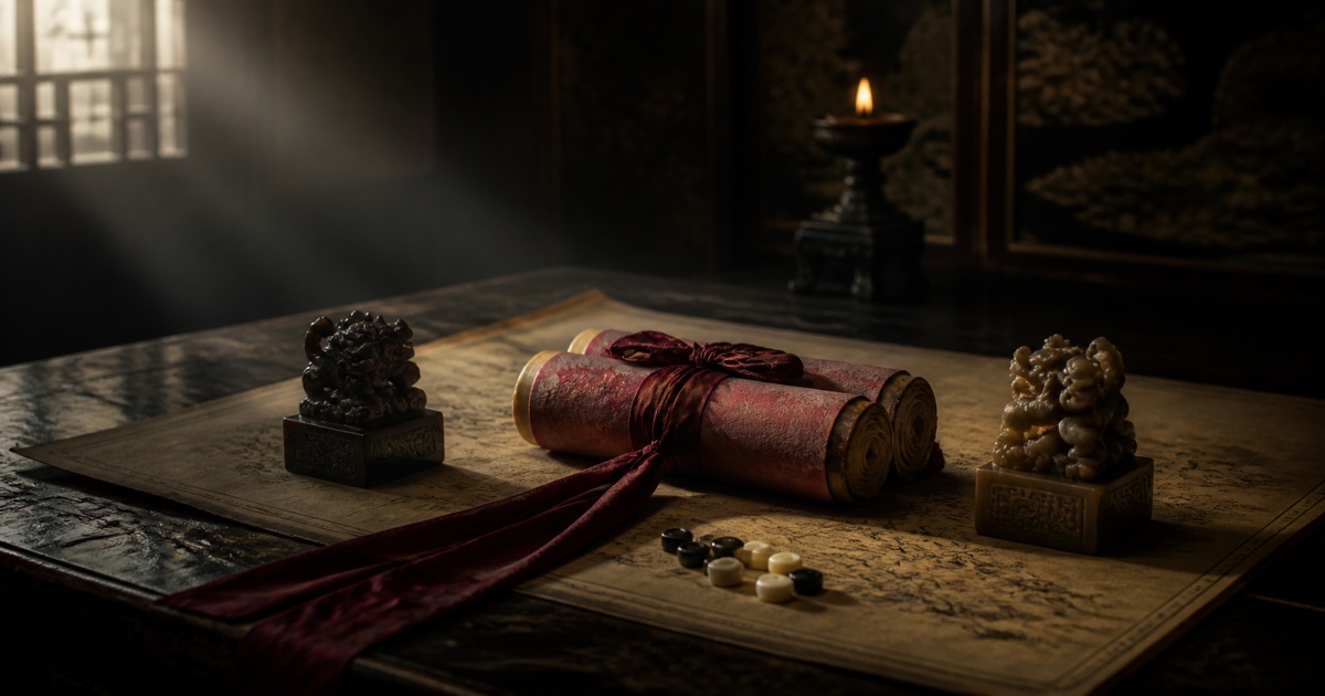 Two red marriage scrolls, clan seals, and a length of bridal silk arranged across a dark palace map.