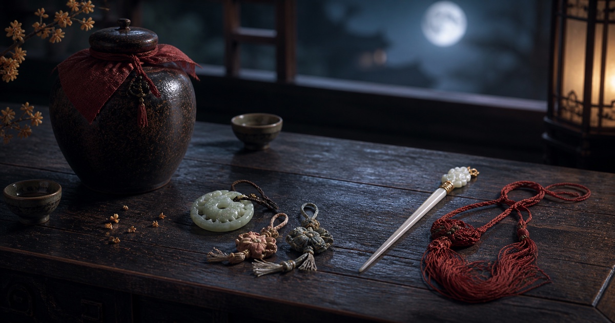 An osmanthus-wine jar, a jade pendant with faded silk knots, and an untouched moon-white hairpin rest apart on a dark palace table.