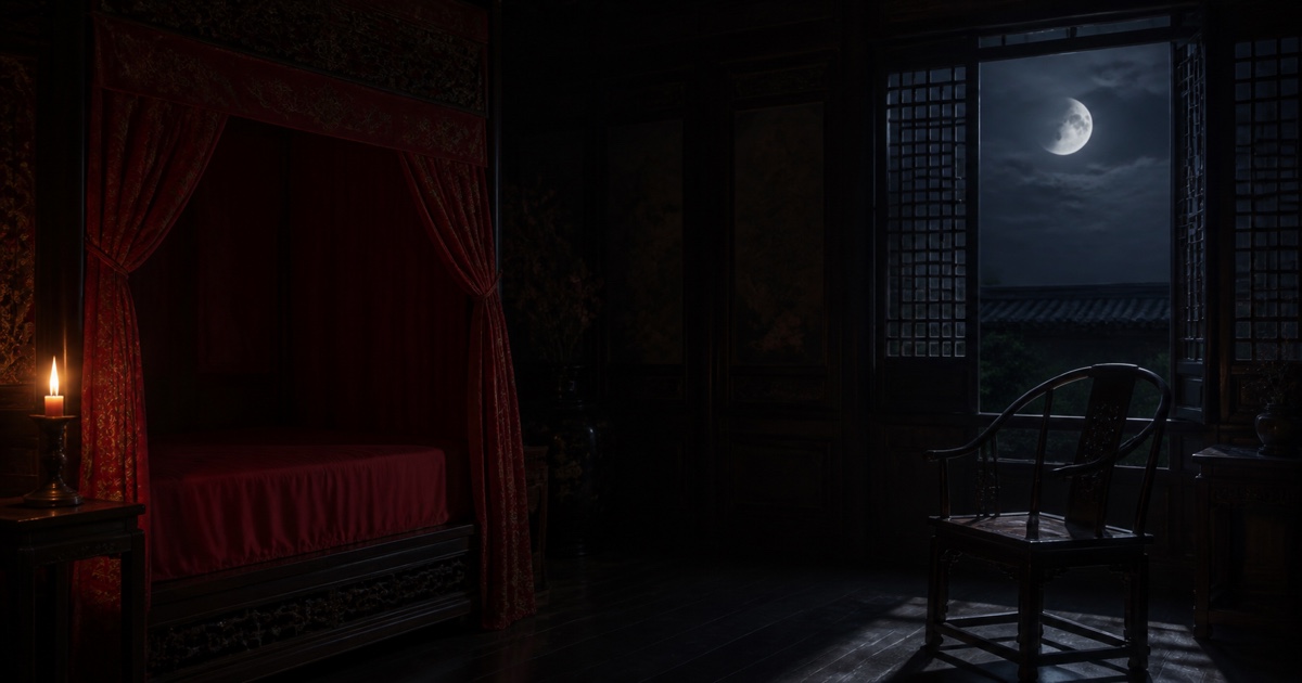 A red-draped palace bed remains untouched beside an open window and an incomplete moon.