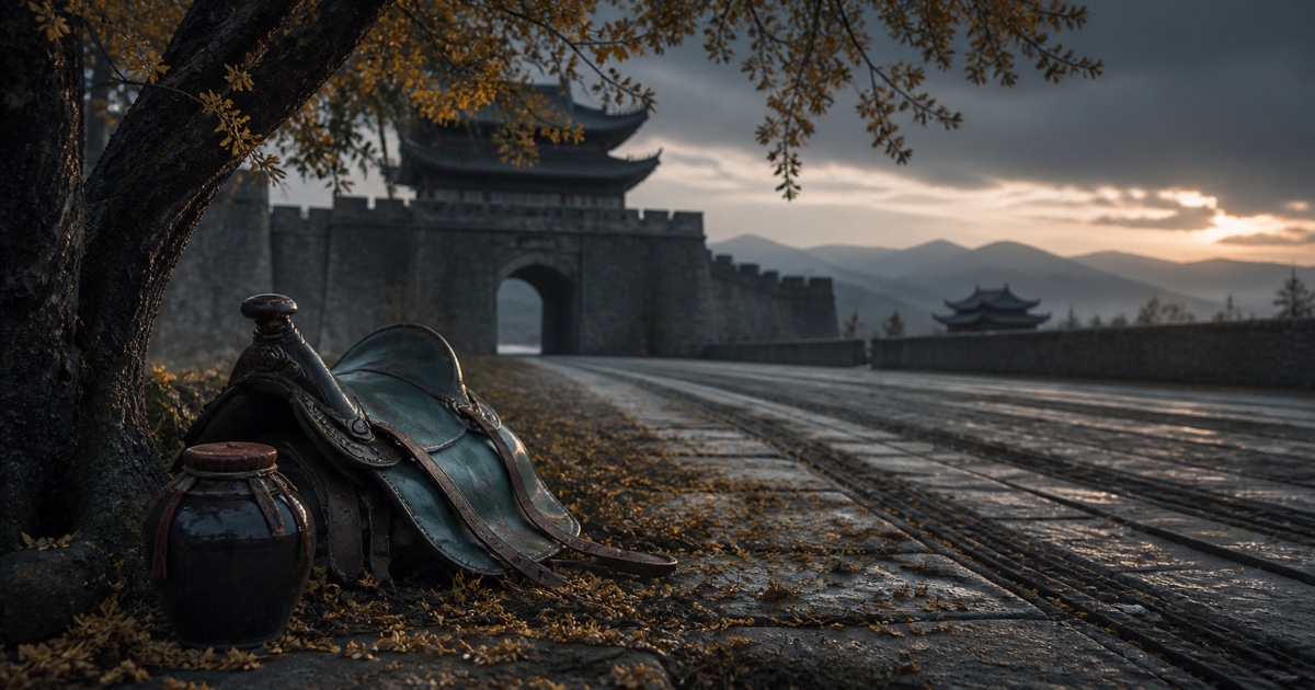 An empty saddle waits beneath an osmanthus shadow beside a sealed wine jar and a road leading away from the palace.