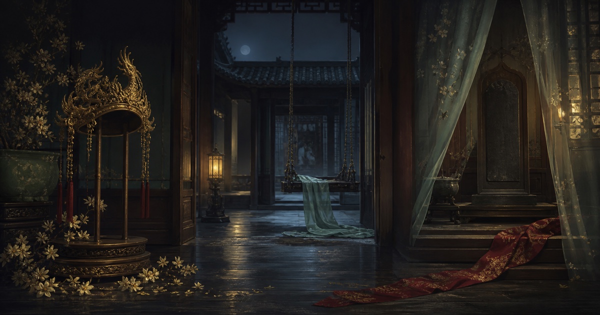 An empty phoenix-crown stand, a courtyard swing, and a memorial tablet remain in a moonlit palace after the women are gone.