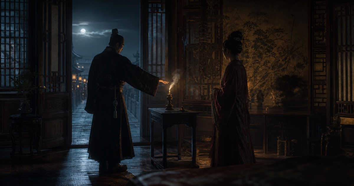 Li Chengmu silently extinguishes a candle as Changning watches in a moonlit palace room on Zhongyuan night.