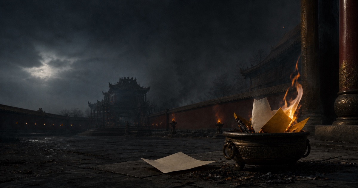 Blank letters and spirit paper burning in a bronze brazier beneath a winter moon, with a blackened palace pavilion in the distance.
