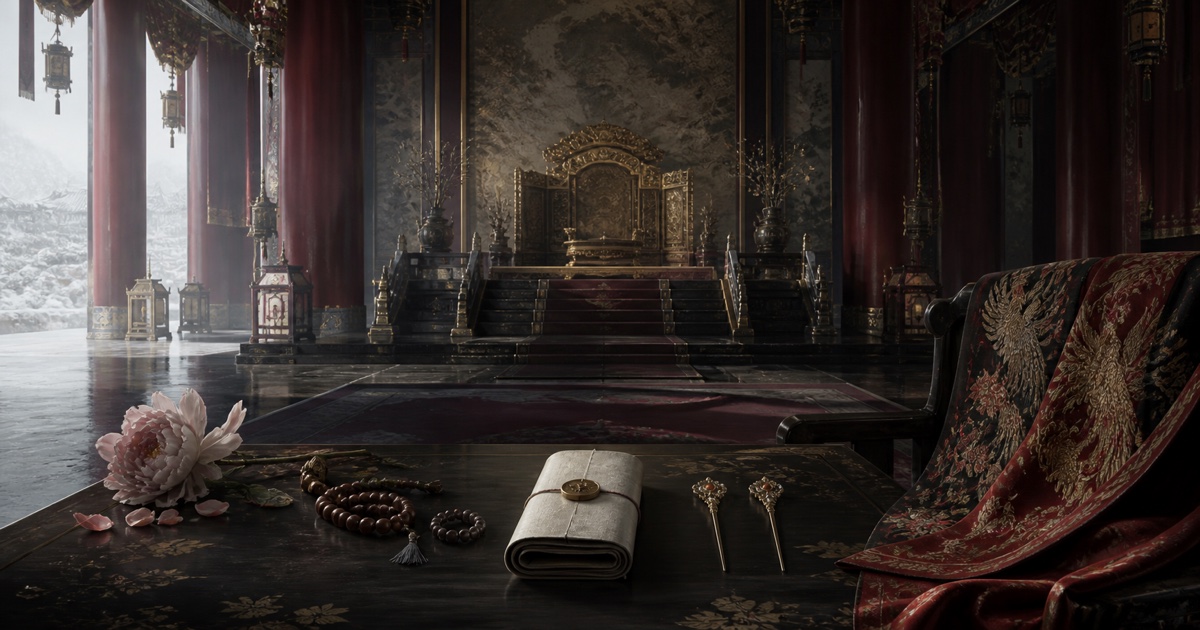 An empty phoenix seat beyond a lacquer table holding a broken peony, prayer beads, a sealed scroll, and two ceremonial hairpins.