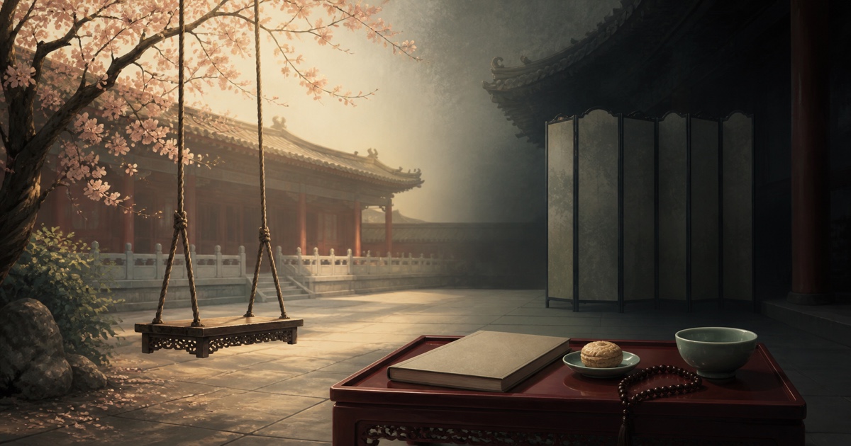 An empty swing beneath peach blossoms, with a blank account book, pastry, prayer beads, and a medicine bowl on a lacquer table.