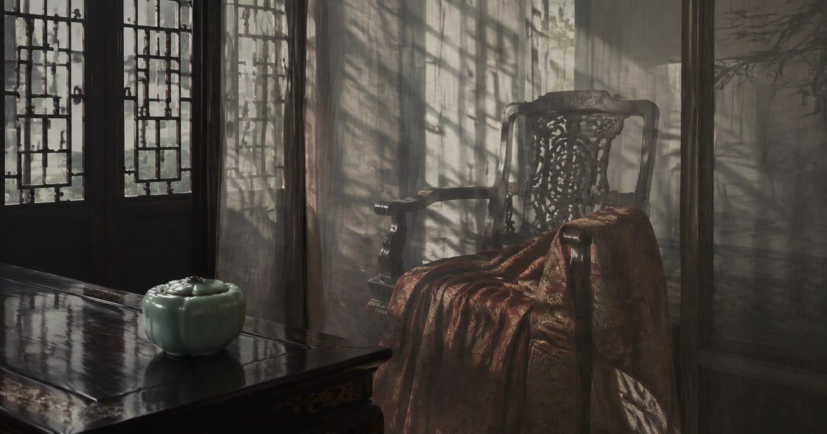 A russet court robe on an empty carved chair behind a sheer screen, with a celadon water pot on a dark desk.