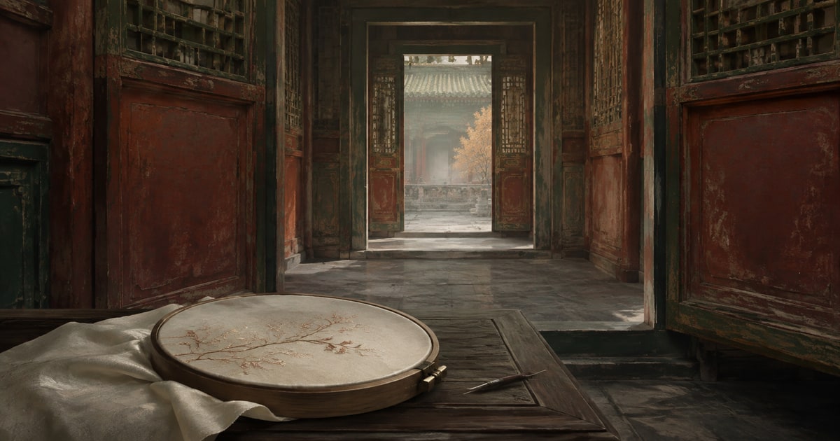 An embroidery hoop and needle on a wooden table beside a quiet palace corridor opening toward an autumn courtyard.